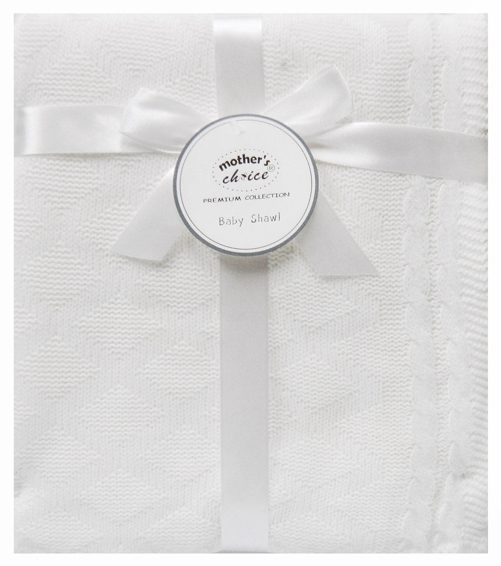 White baby blanket with a bow and 'Mother's Choice' label on a white background