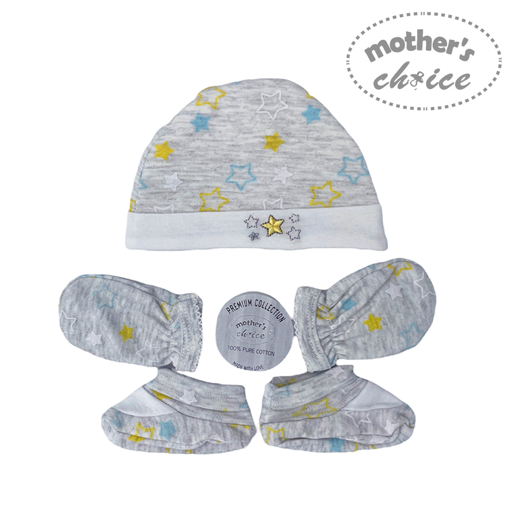 Baby hat, booties, and socks set with star pattern on a white background, branded 'Mother's Choice'.