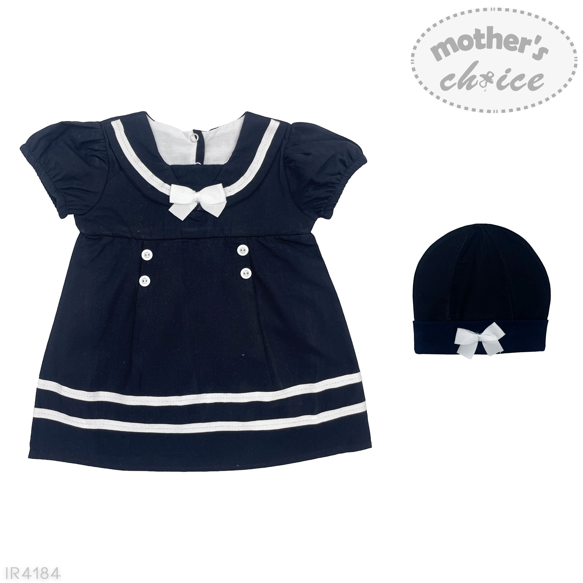 Navy blue dress with white trim and matching hat on a white background, featuring 'mother's choice' branding.