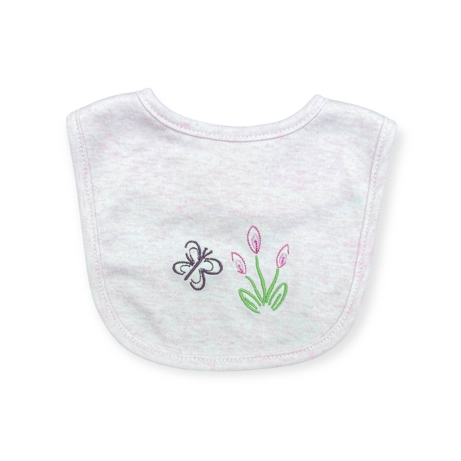 White baby bib with embroidered butterfly and tulip design on a white background