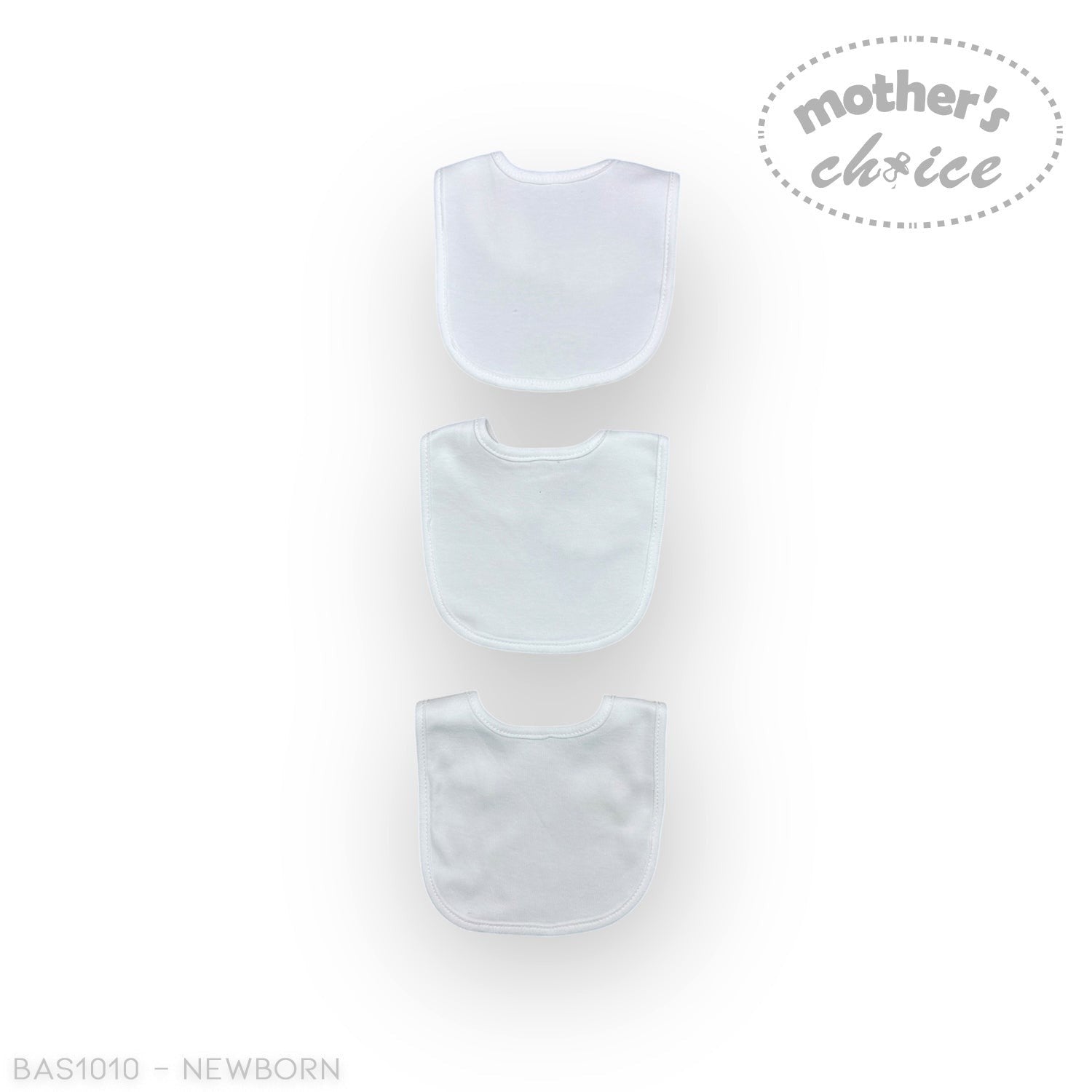 Three white baby bibs on a white background with 'Mother's Choice' branding.