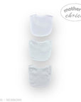 Three white baby bibs on a white background with 'Mother's Choice' branding.