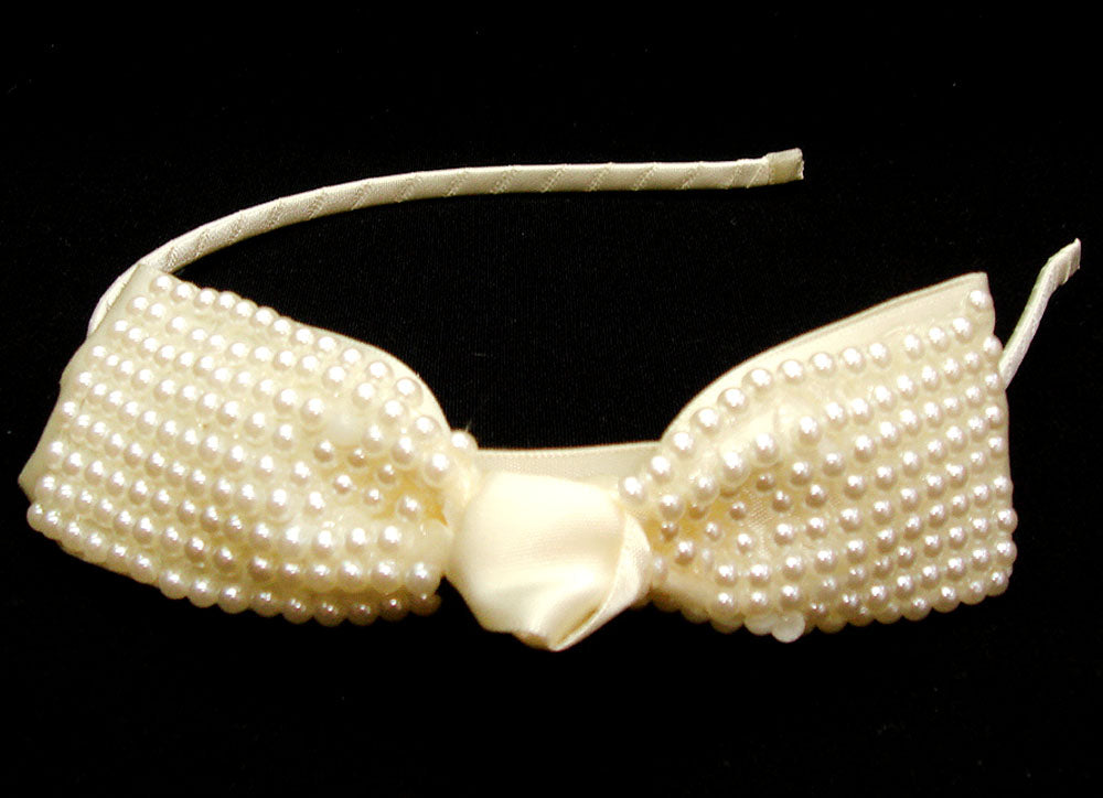 Mothers Choice Girls Alice Bands Cream Satin Big Bow With Pearls