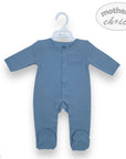 Blue baby onesie on a hanger with 'mother's choice' branding on a white background