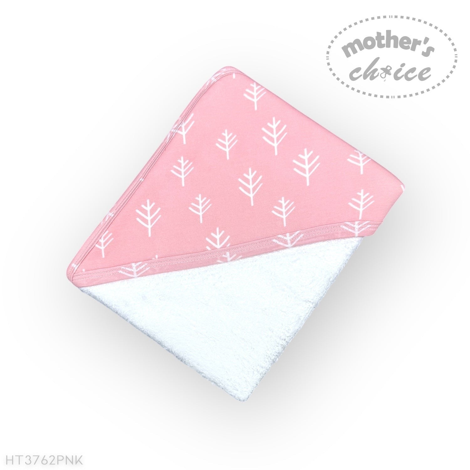 Pink baby blanket with white tree pattern on a white background, branded 'Mother's Choice'.
