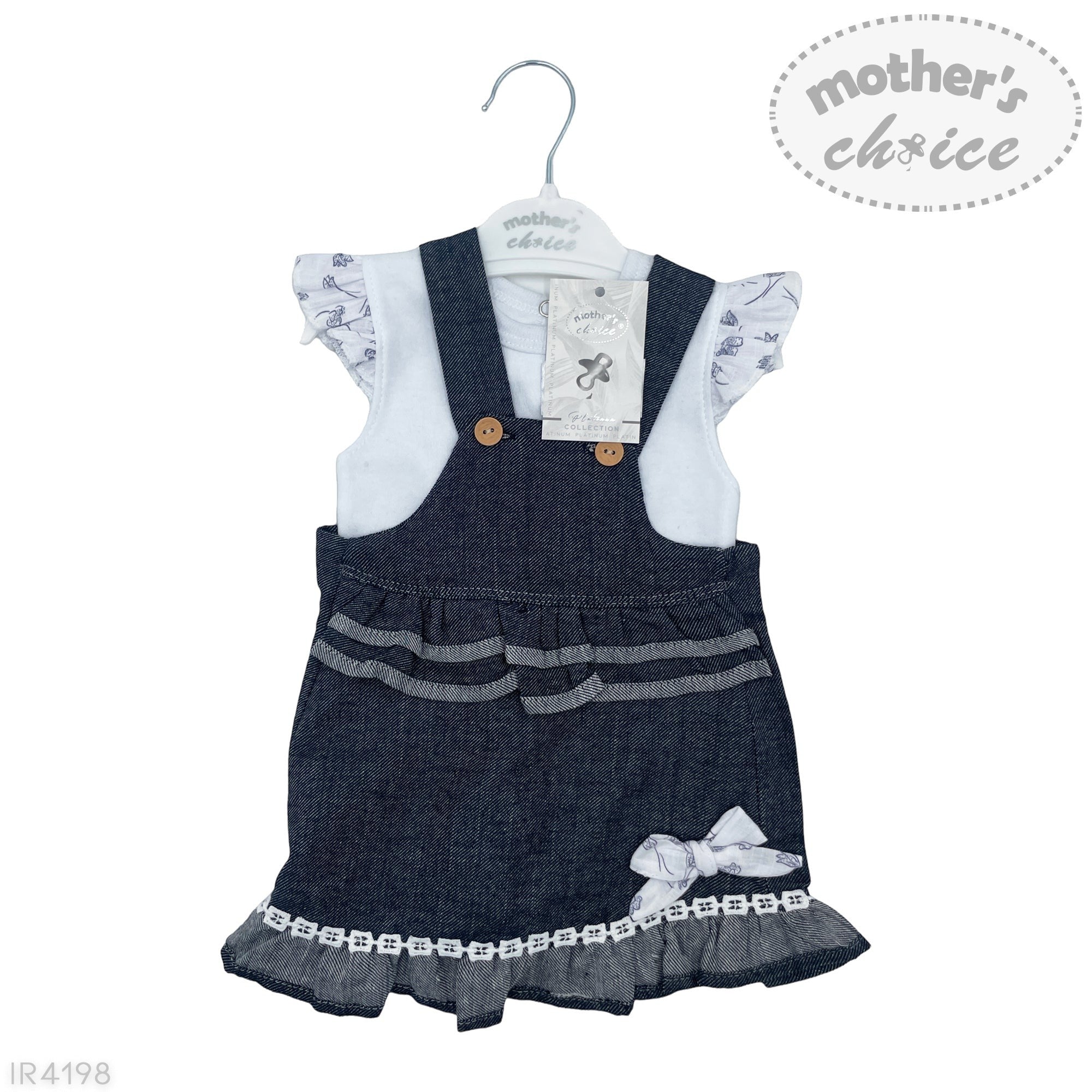 Children's denim pinafore dress with white top on a hanger, branded 'Mother's Choice'.