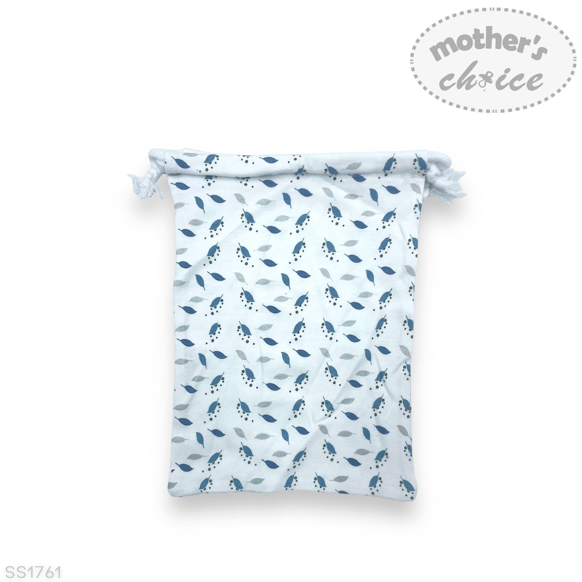 Baby swaddle with blue leaf pattern on a white background, branded 'Mother's Choice'.