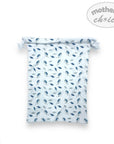 Baby swaddle with blue leaf pattern on a white background, branded 'Mother's Choice'.