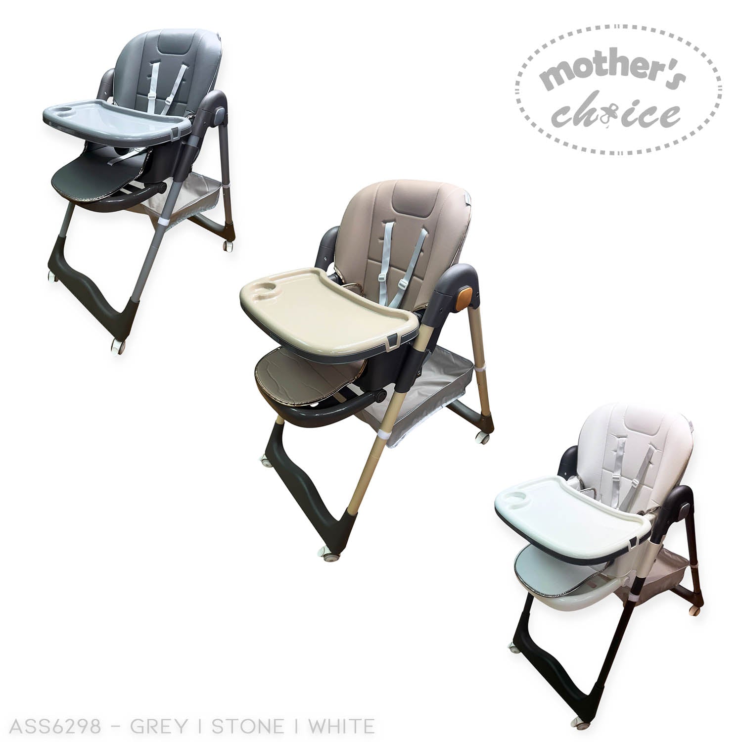 Three high chairs in different colors on a white background with 'Mother's Choice' branding.
