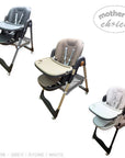 Three high chairs in different colors on a white background with 'Mother's Choice' branding.