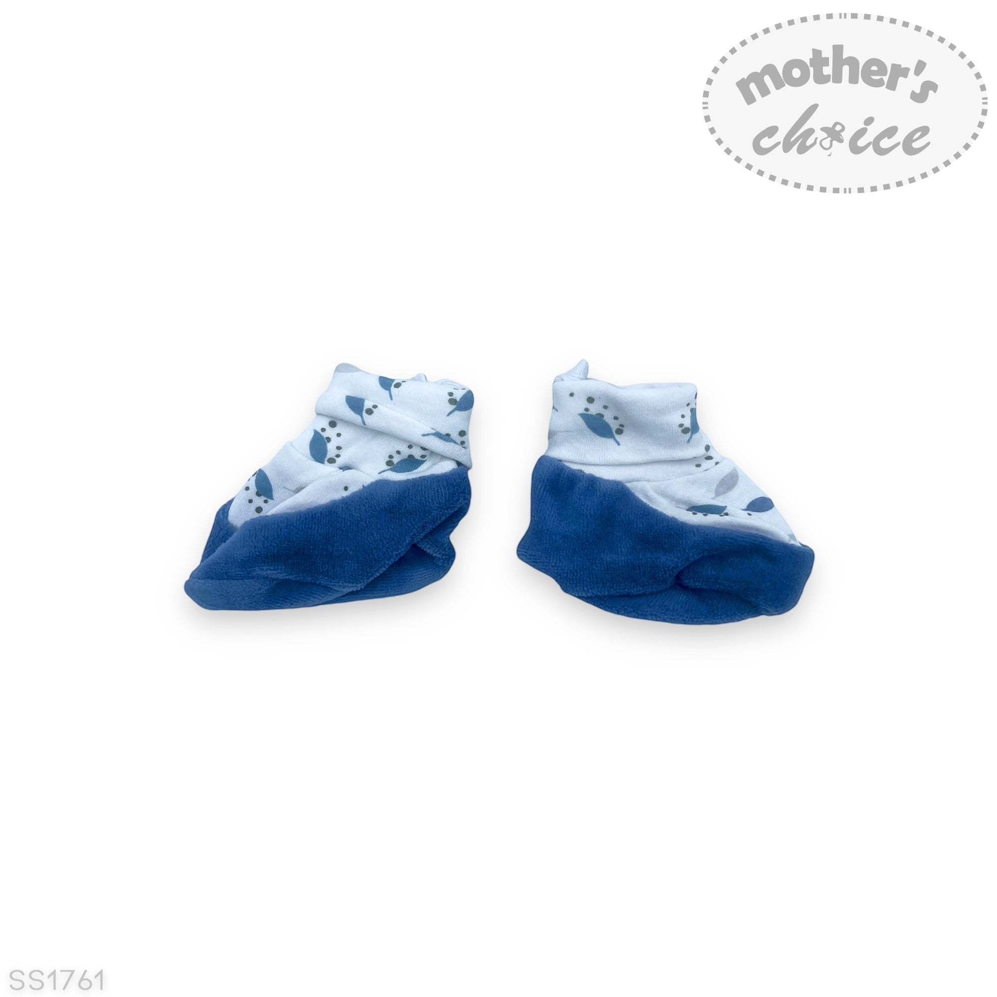 Pair of blue baby socks with white pattern on a white background, featuring 'Mother's Choice' branding.