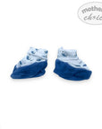 Pair of blue baby socks with white pattern on a white background, featuring 'Mother's Choice' branding.