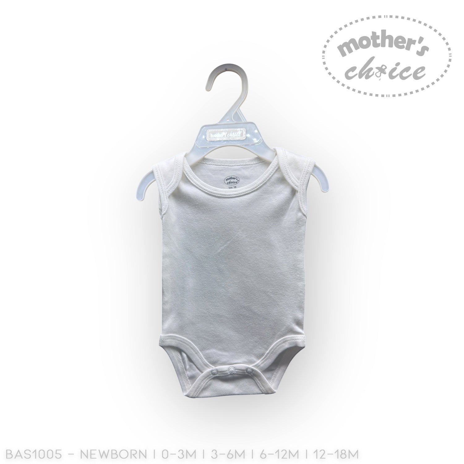 Gray baby bodysuit on a hanger with 'Mother's Choice' branding on a white background
