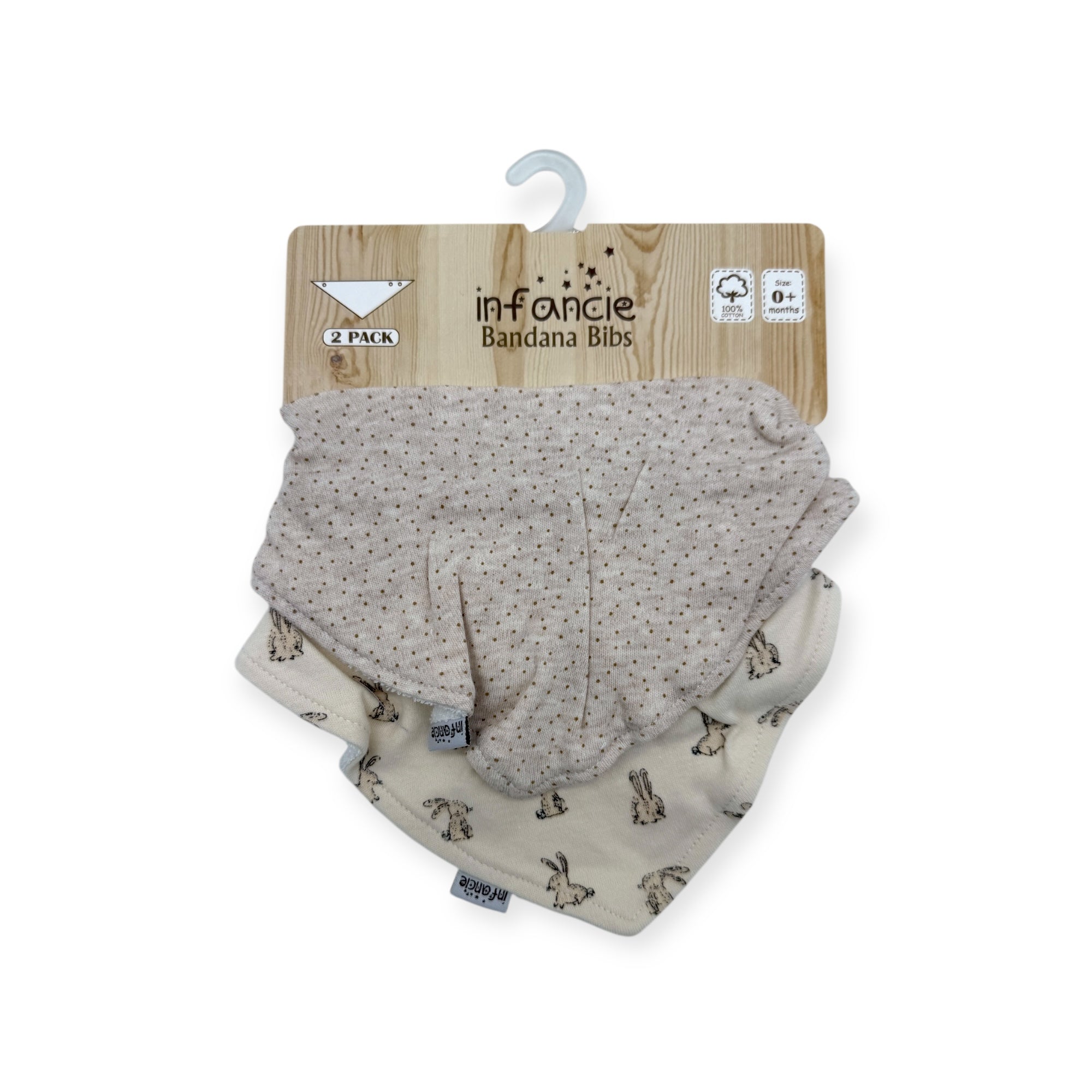 Two baby bandana bibs on a wooden hook with 'infonicie' branding.
