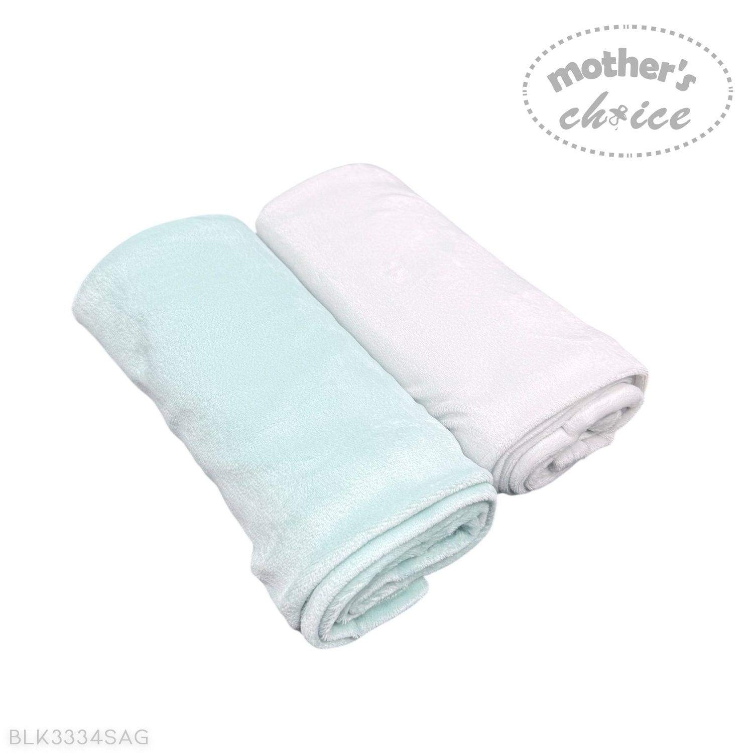 Two rolled-up towels, one light blue and one white, on a white background with 'Mother's Choice' branding.