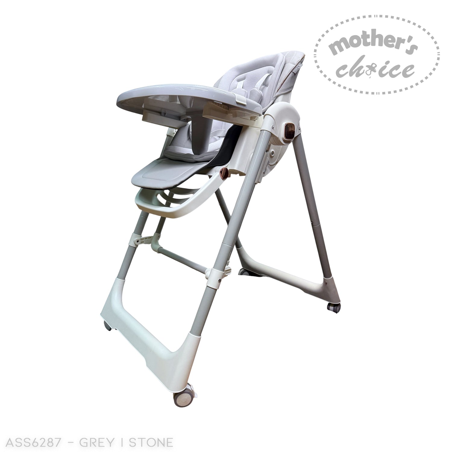 Gray high chair with 'Mother's Choice' branding on a white background