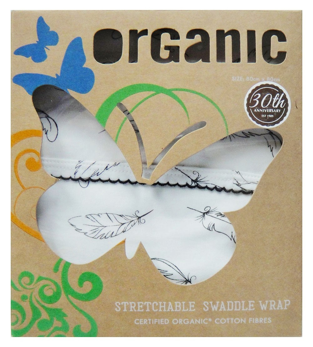 Organic stretchable swaddle wrap packaging with butterfly design on a brown background