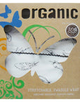Organic stretchable swaddle wrap packaging with butterfly design on a brown background