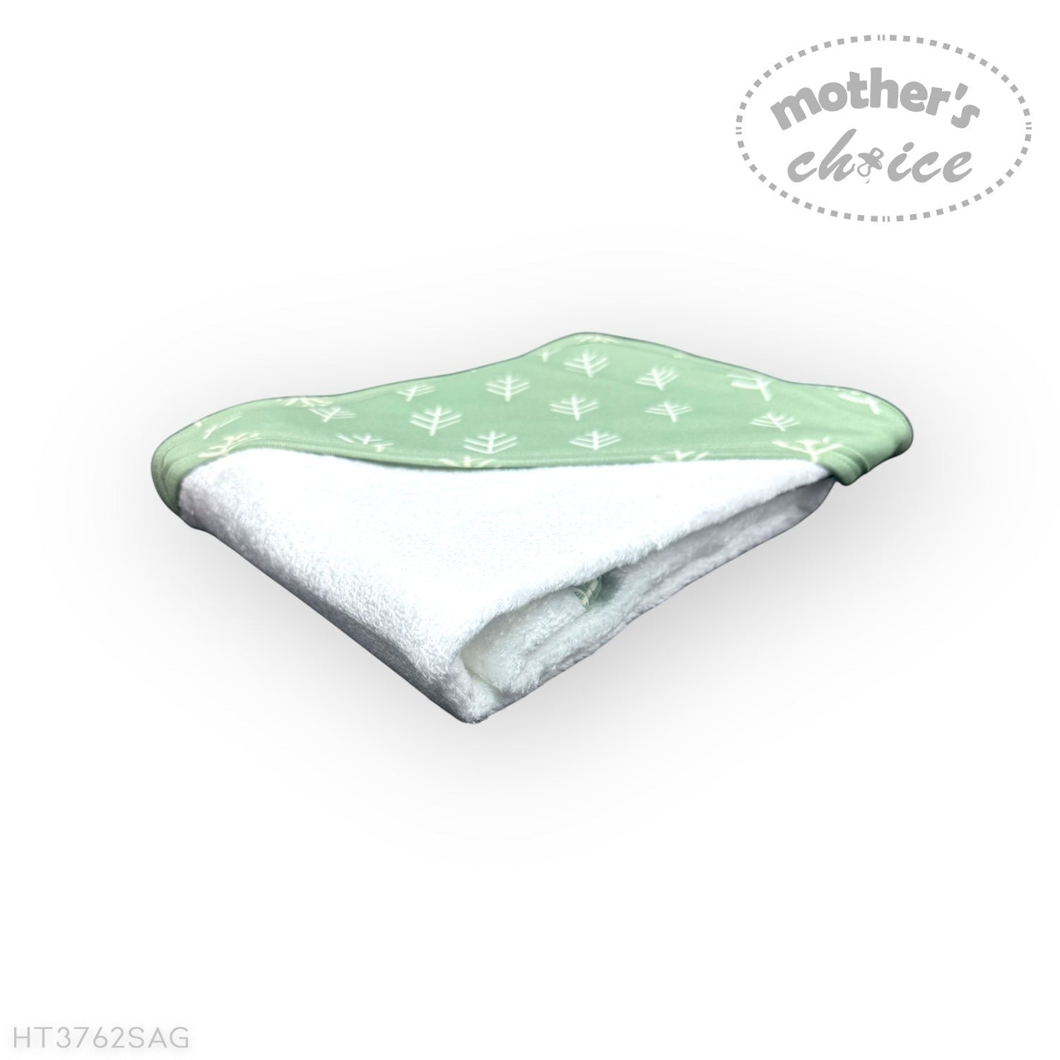 Folded green and white patterned towel with 'mother's choice' branding on a white background