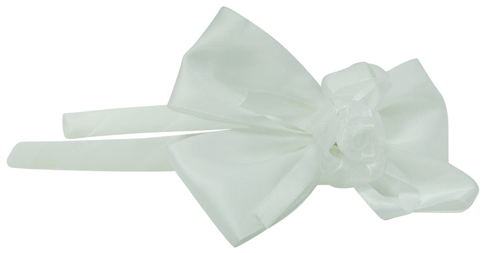 Mothers Choice Girls Alice Band White Satin Bow With Rose