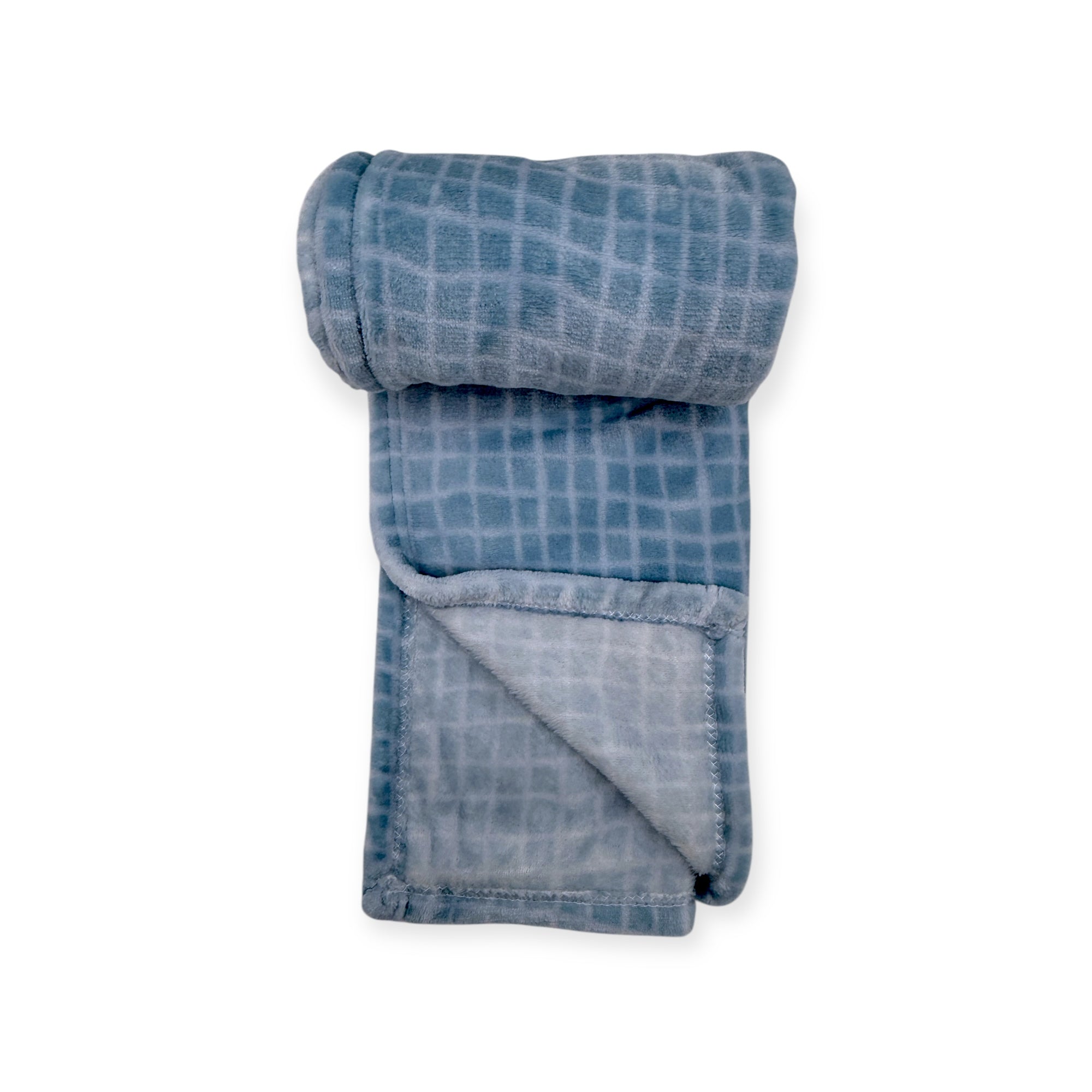 Folded blue checkered blanket on a white background