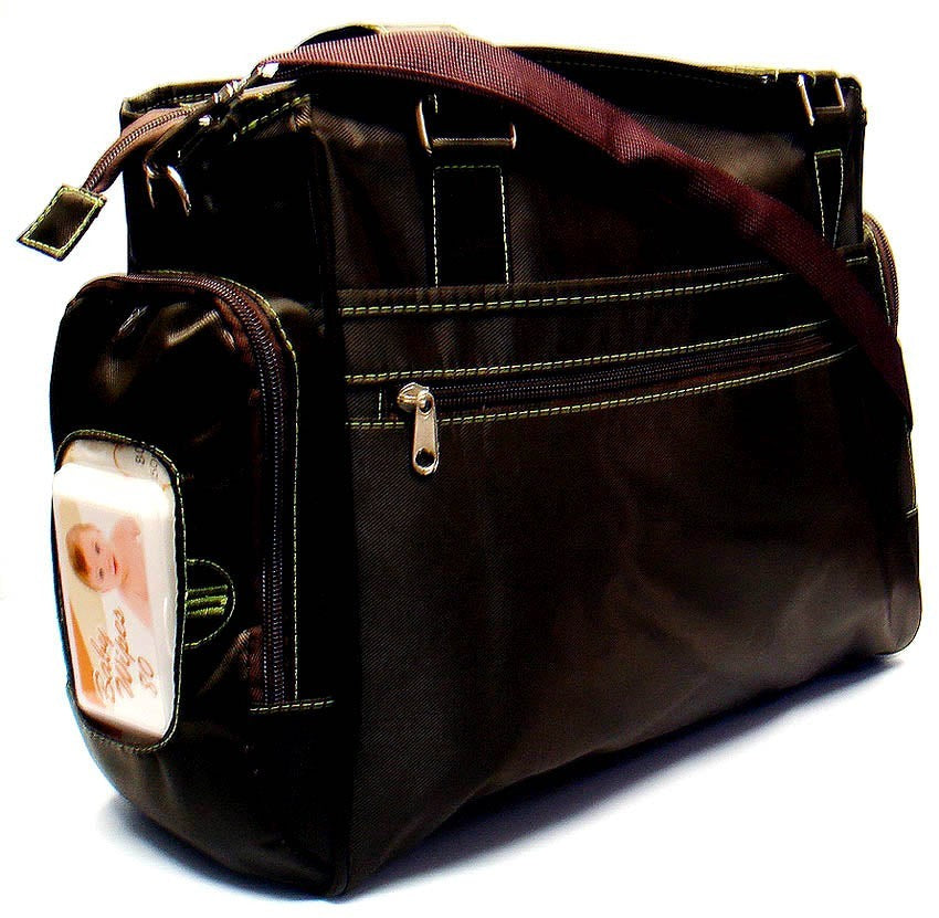 Brown leather handbag with a visible brand label on a white background