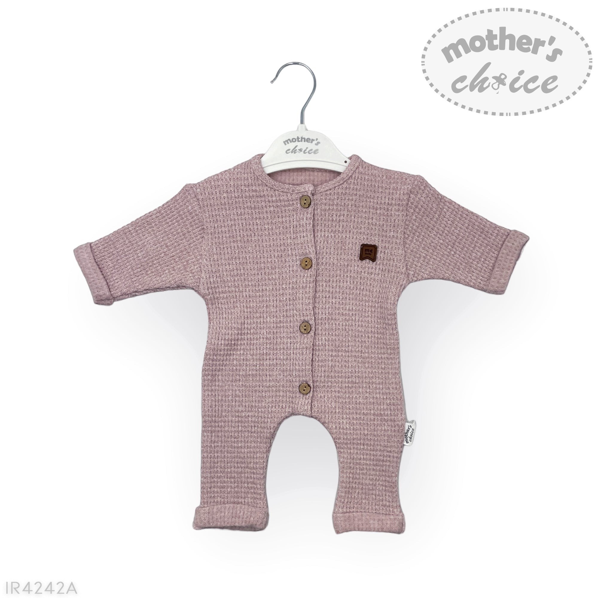 Pink baby romper with buttons on a hanger against a white background, featuring 'Mother's Choice' branding.