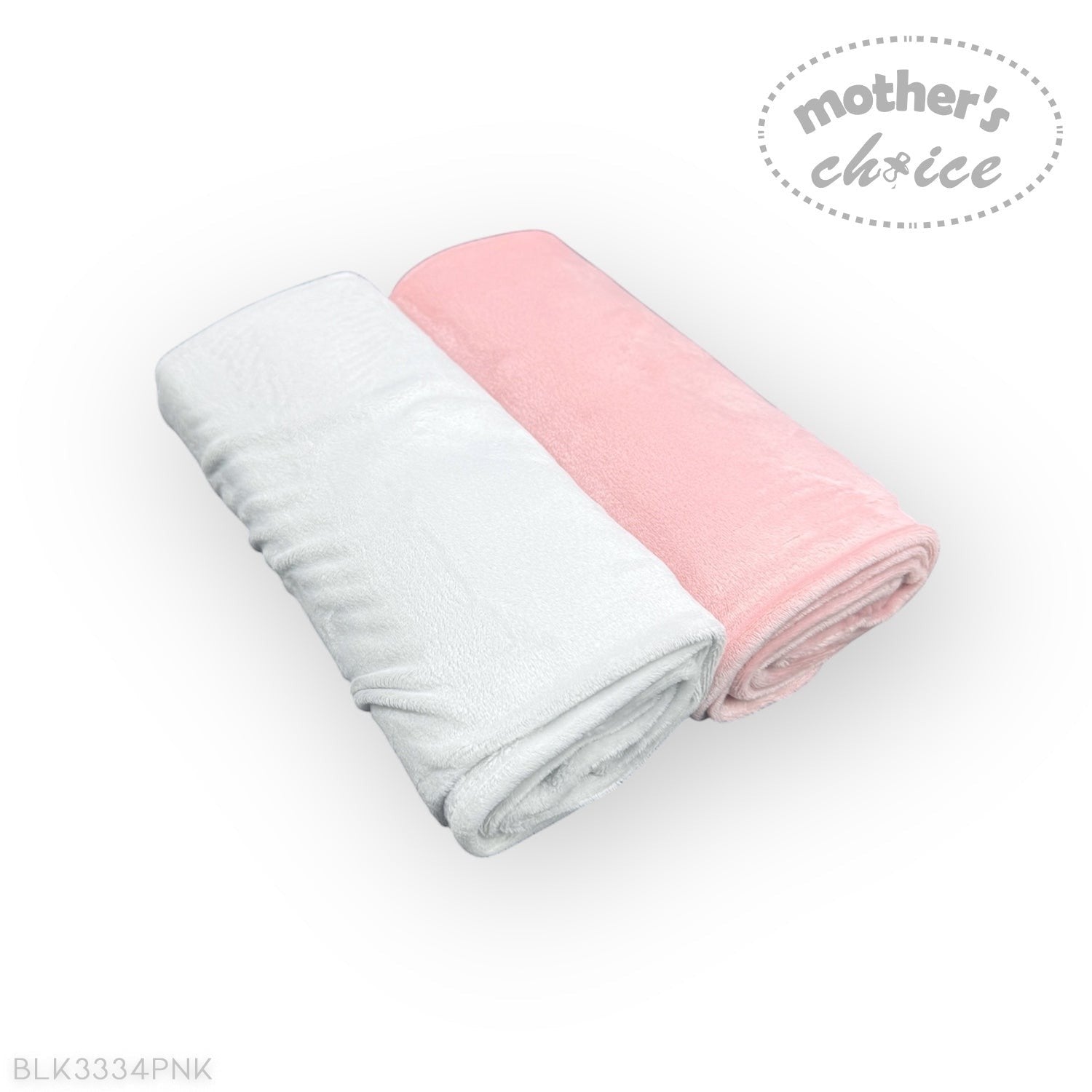 Pink and gray baby blanket with 'Mother's Choice' branding on a white background