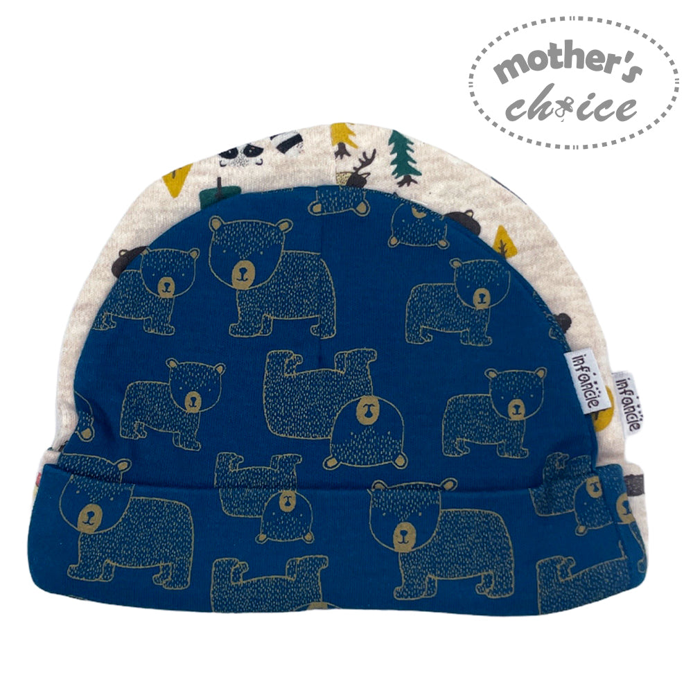 Baby hat with bear pattern on a blue background, featuring 'mother's choice' branding.