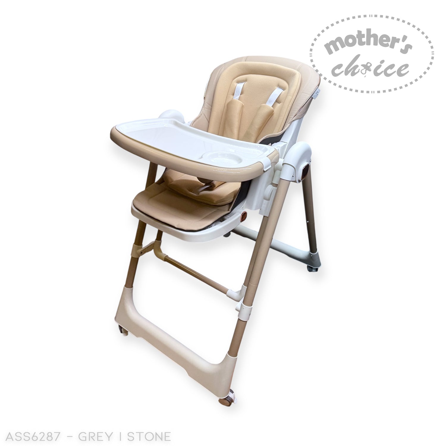 Beige and white baby high chair with 'Mother's Choice' branding on a white background