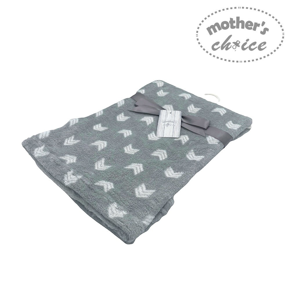 Gray baby blanket with white patterns and a tag, branded 'Mother's Choice', on a white background.