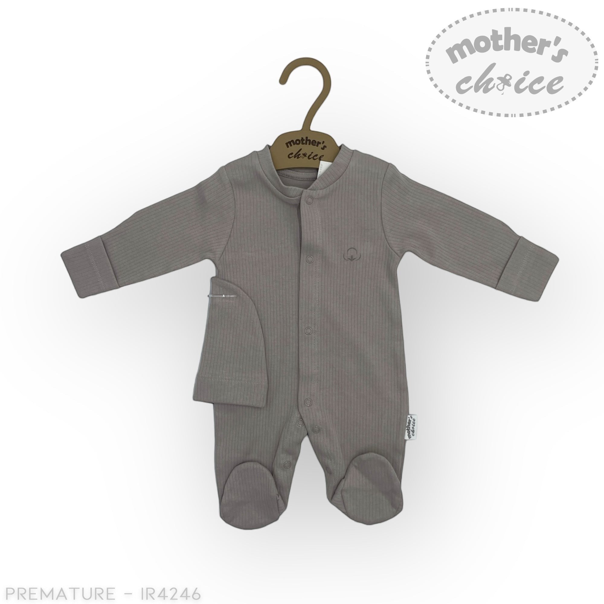 Gray baby onesie on a hanger with 'Mother's Choice' label on a white background