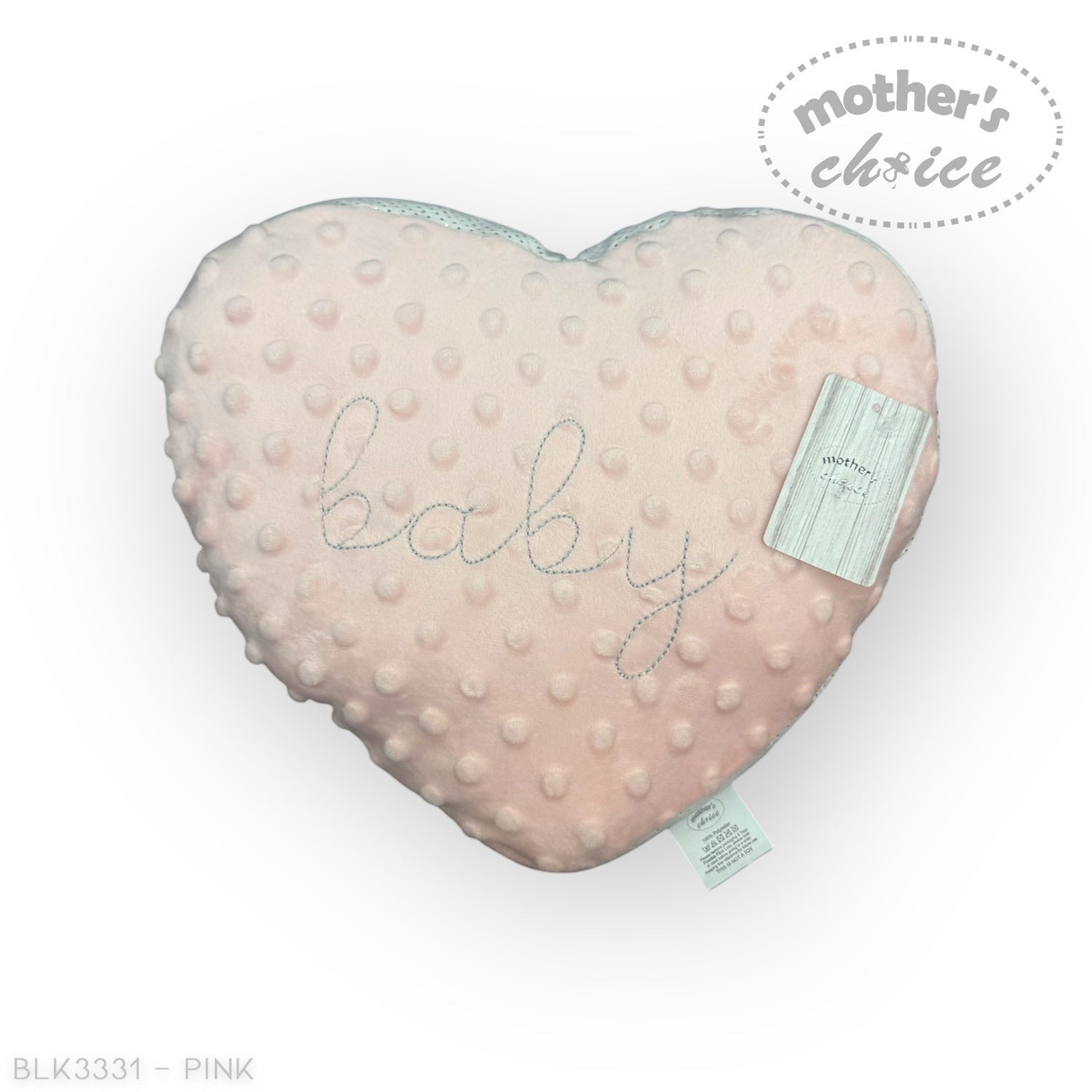 Heart-shaped pink pillow with 'baby' embroidery and 'Mother's Choice' tag on a white background
