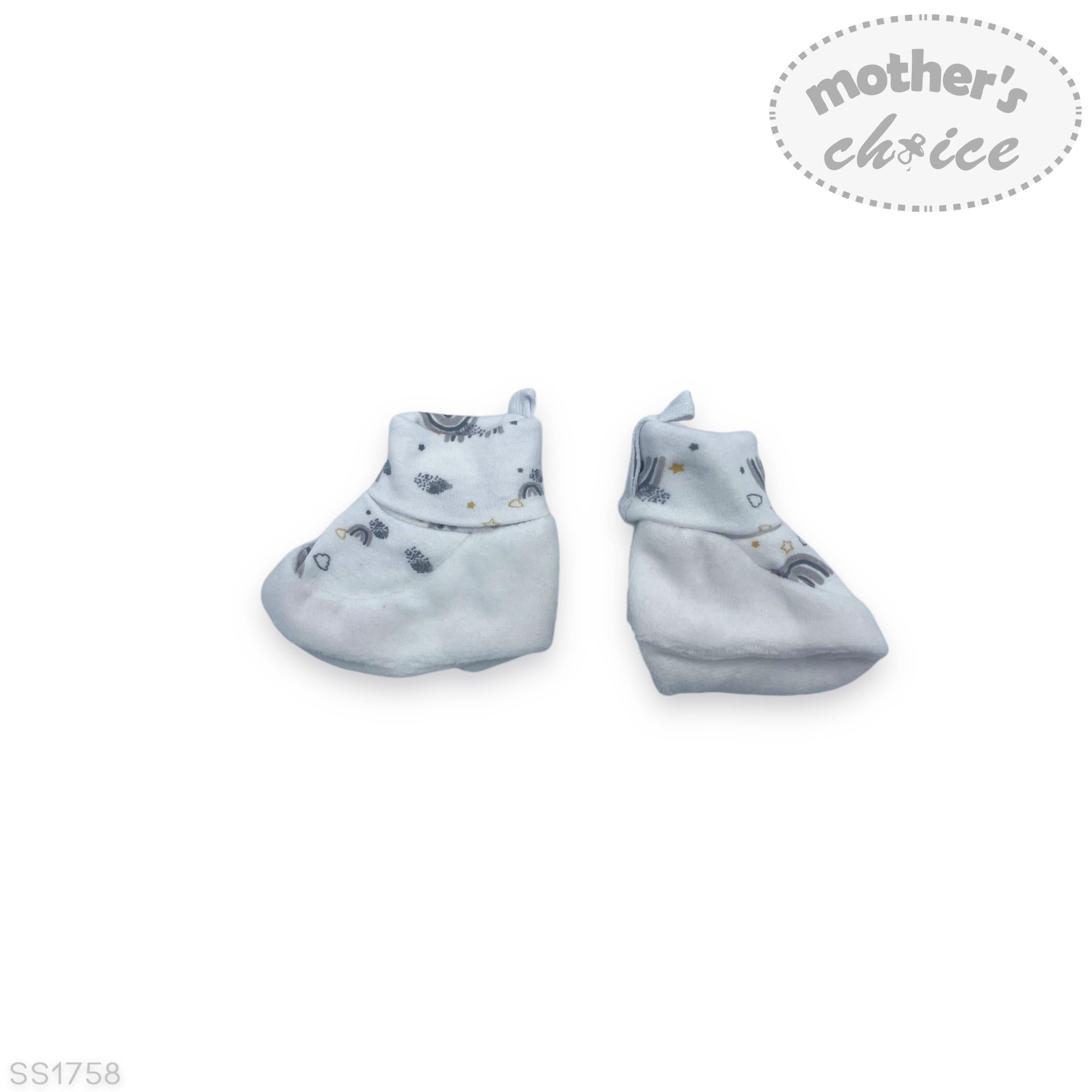 Baby booties with animal pattern on a white background, branded 'Mother's Choice'.