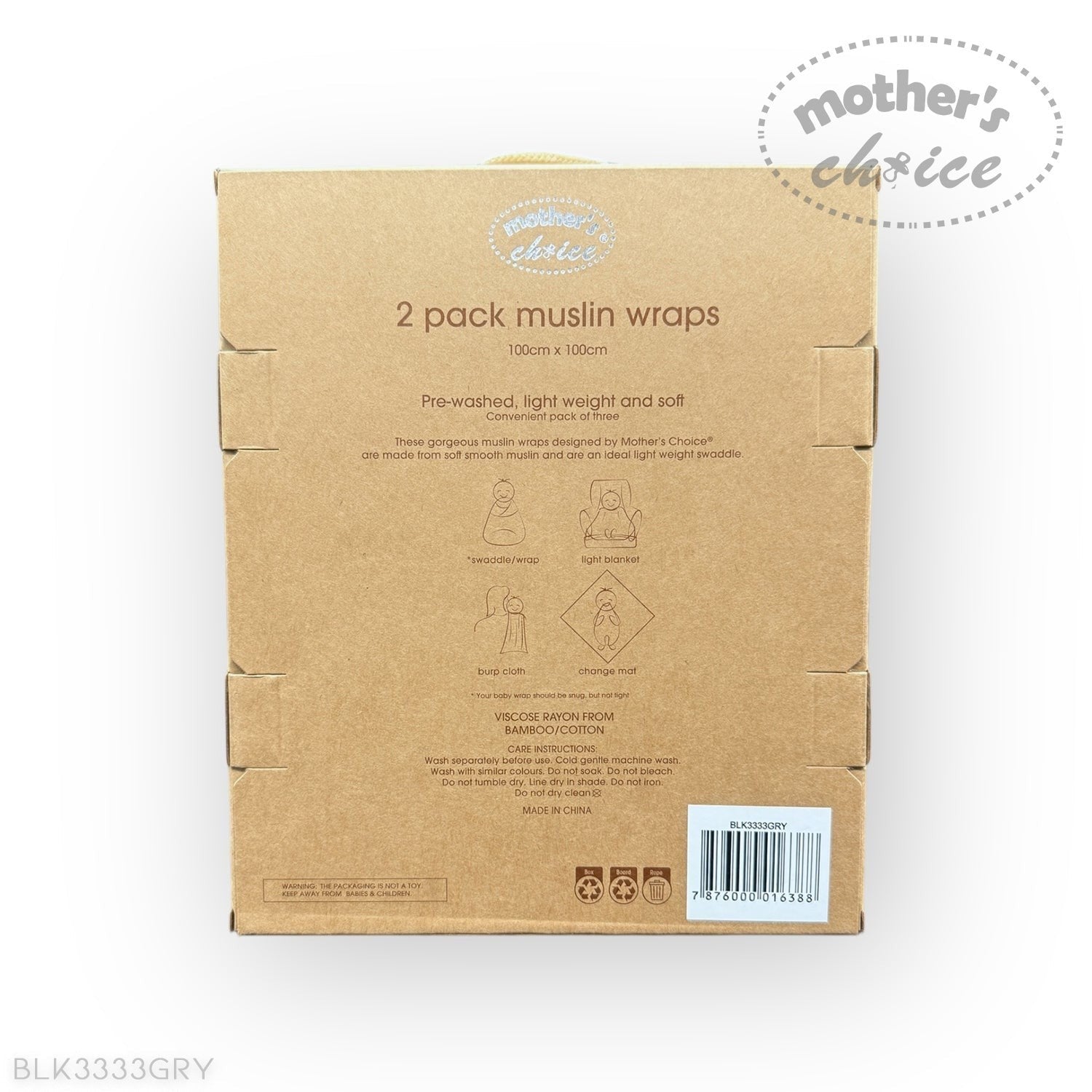 Cardboard packaging for 2-pack muslin wraps with 'Mother's Choice' branding on a white background.