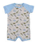 Baby romper with dinosaur pattern and blue sleeves on a white background