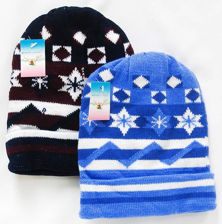 Two patterned beanies with tags on a white background