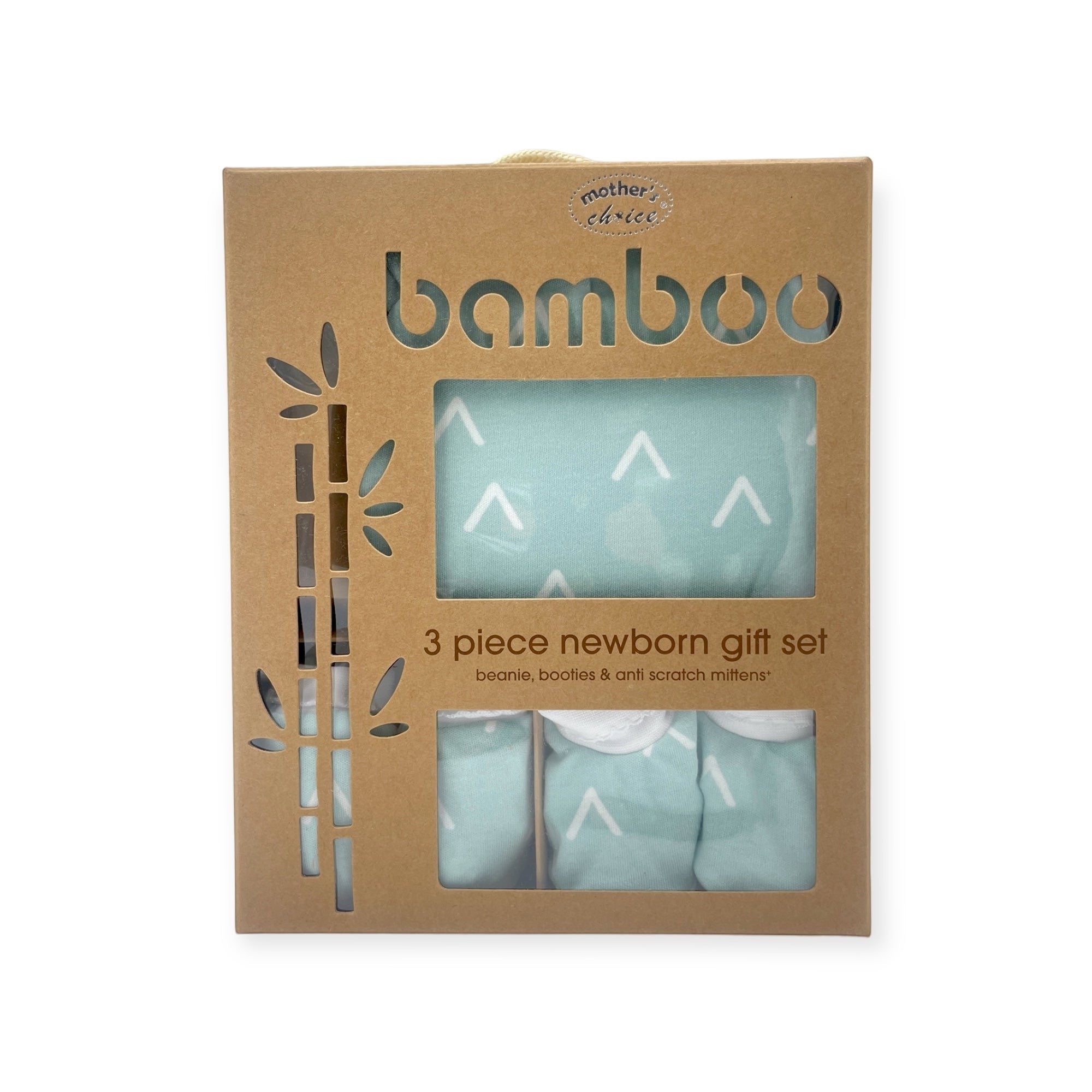 Bamboo 3-piece newborn gift set packaging with 'mother and child' branding.