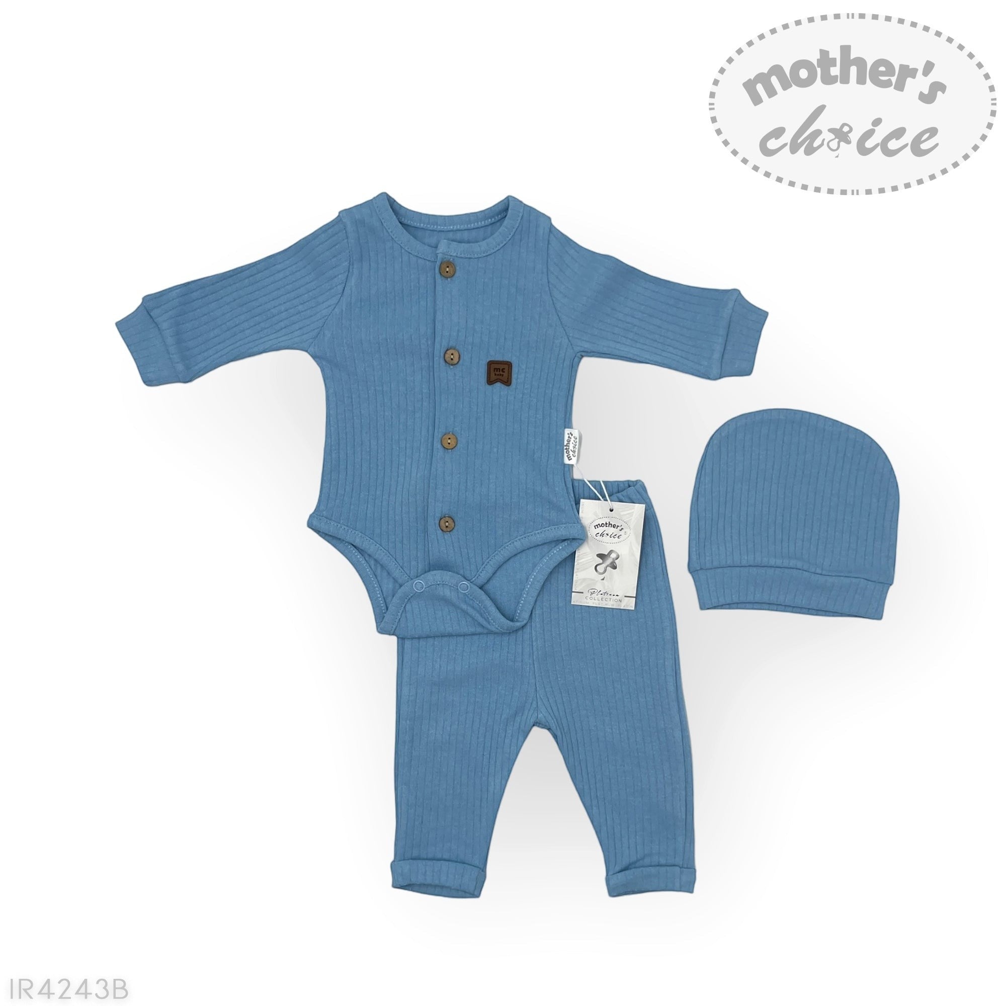 Blue baby romper with matching hat on a white background, featuring 'mother's choice' branding.
