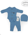 Blue baby romper with matching hat on a white background, featuring 'mother's choice' branding.