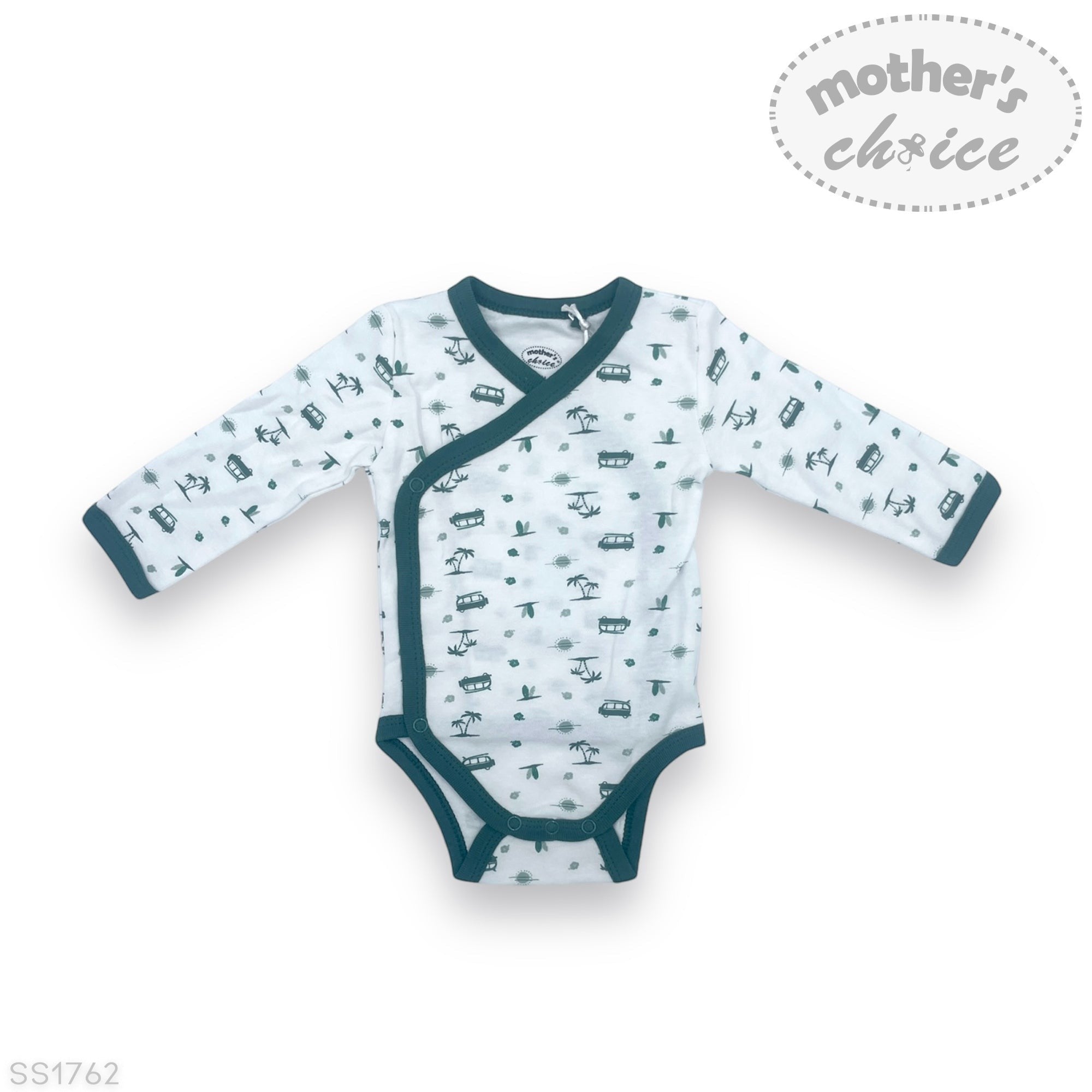 Baby onesie with vehicle pattern on a white background, branded 'Mother's Choice'.