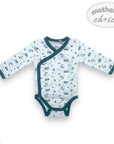 Baby onesie with vehicle pattern on a white background, branded 'Mother's Choice'.