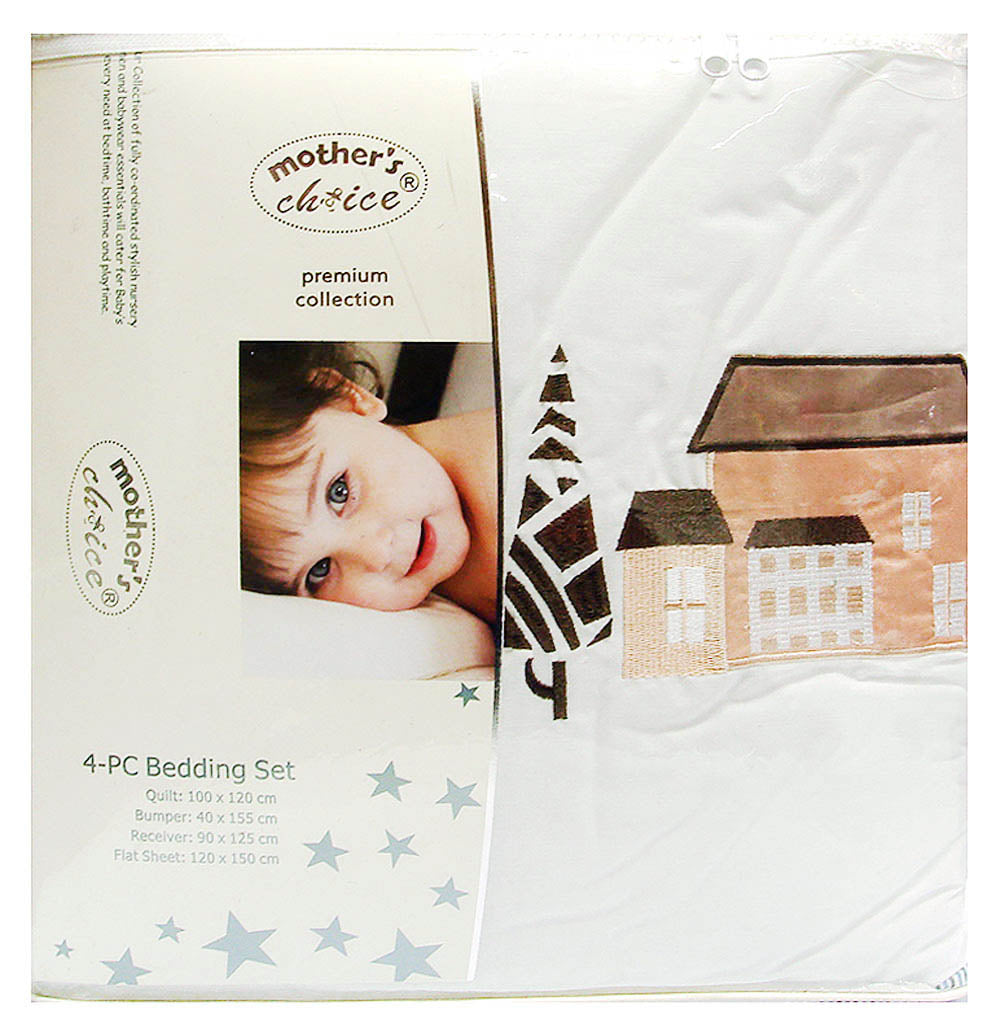 4-piece bedding set packaging with a child's face and quilt design on a white background