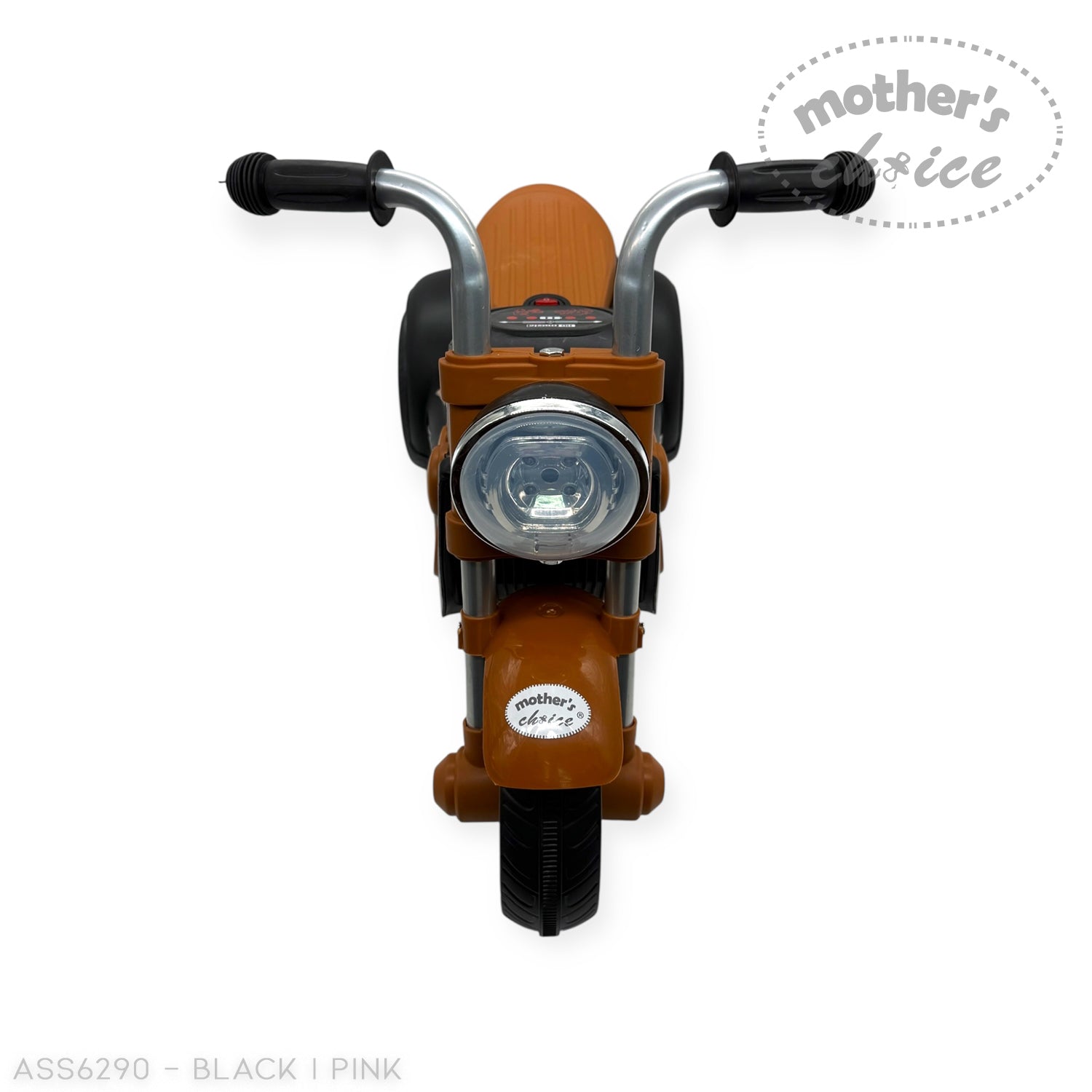Black and pink toy tricycles with 'Mother's Choice' label on a white background