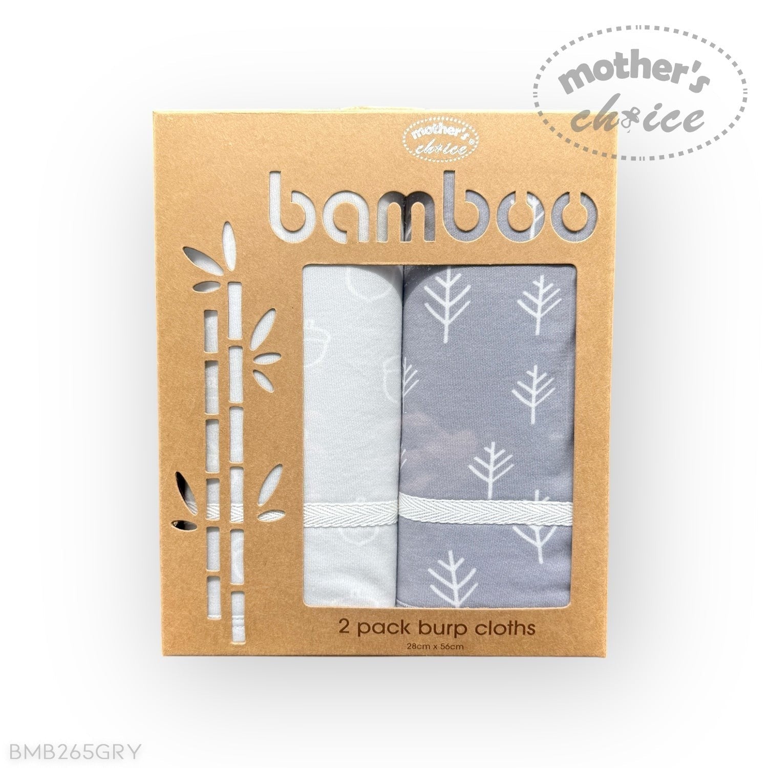 Pack of two bamboo burp cloths in a cardboard box with 'Mother's Choice' branding.