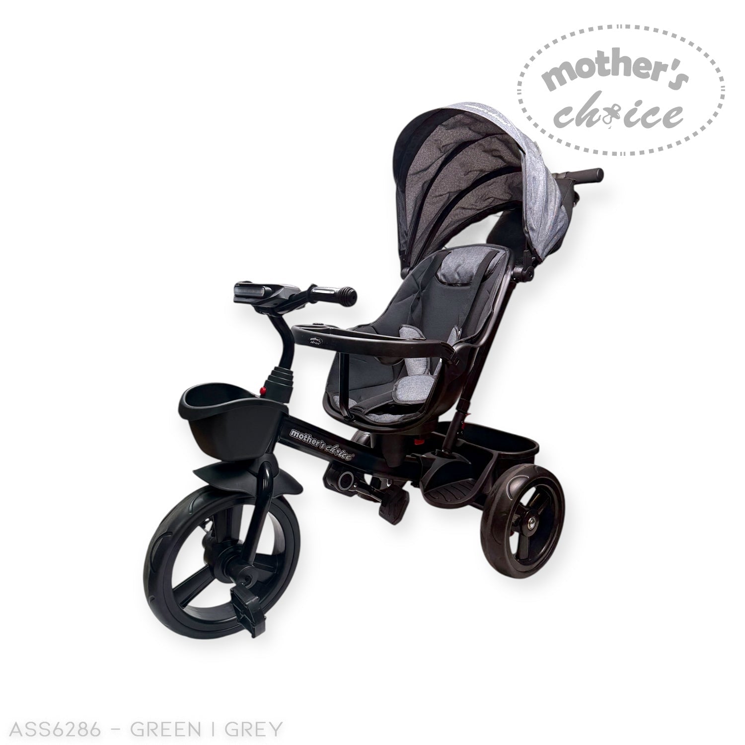 Children's tricycle with canopy on a white background, branded 'Mother's Choice'.