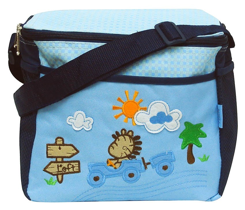 Light blue bag with cartoon lion, sun, clouds, and trees on a white background