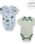 Two baby bodysuits, one with space-themed print and the other green with green trim, on a white background.