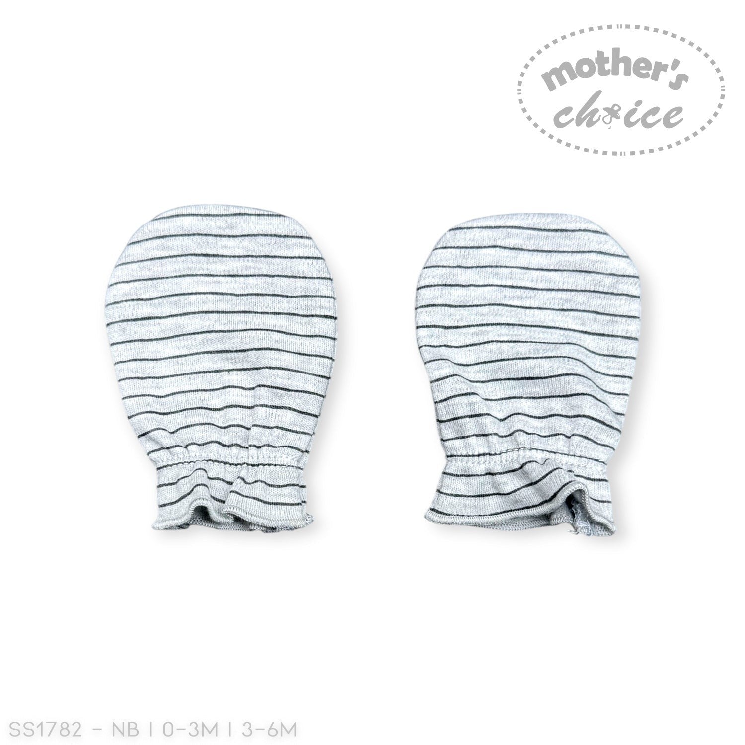 Pair of striped baby mittens on a white background with 'Mother's Choice' branding.