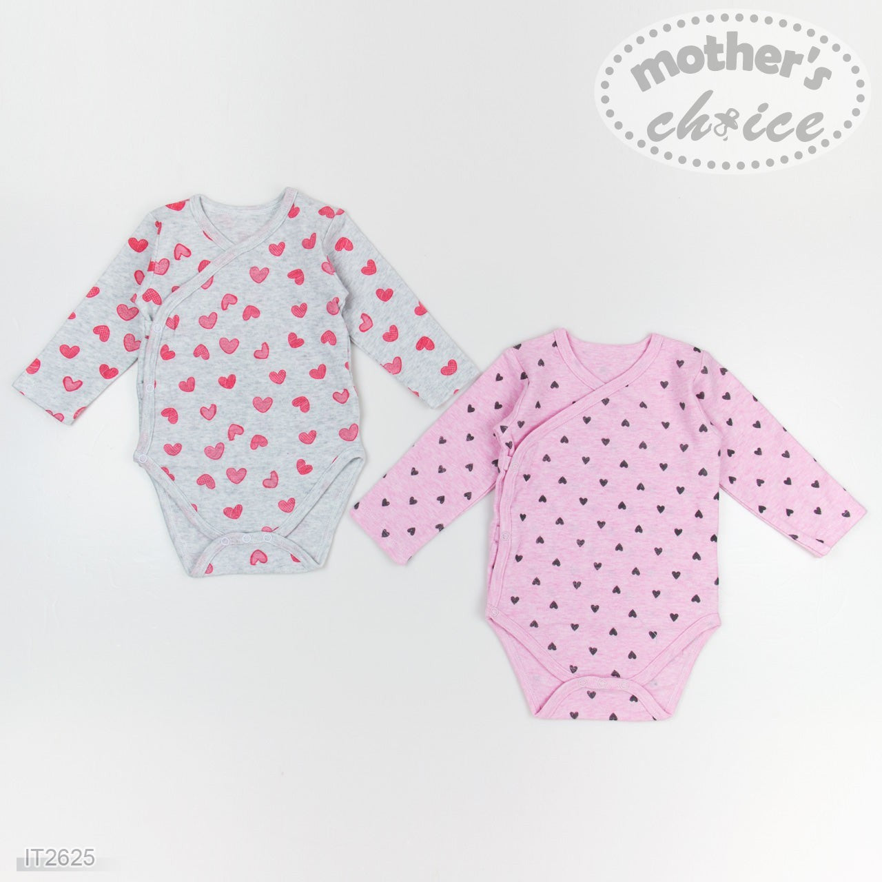 Two baby bodysuits with heart patterns on a white background, branded 'Mother's Choice'.